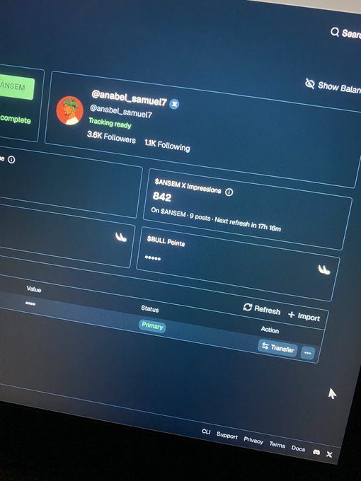 A computer screen displays a social media analytics dashboard tracking the X (Twitter) account @anabel_samuel7, which has 3.6K followers and is marked as 'Tracking ready.' It also shows 842 $ANSEM X Impressions, a $BULL Points value, and a 'Transfer' action button.