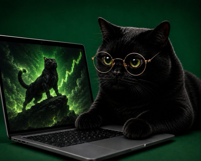 Digital art of a black cat wearing round wire-frame glasses, sitting next to a laptop displaying an image of a black panther with glowing green eyes against a dark green background.