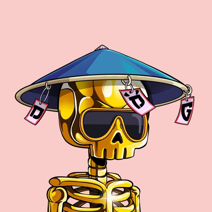 A cartoon illustration of a golden skull skeleton wearing a blue conical hat with tags, against a pink background.