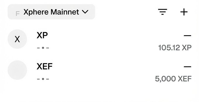 A cryptocurrency wallet interface displays the Xphere Mainnet with token balances of 105.12 XP and 5,000 XEF, illustrating the XEF allocation mentioned in the post about choosing between USDT or DUST.