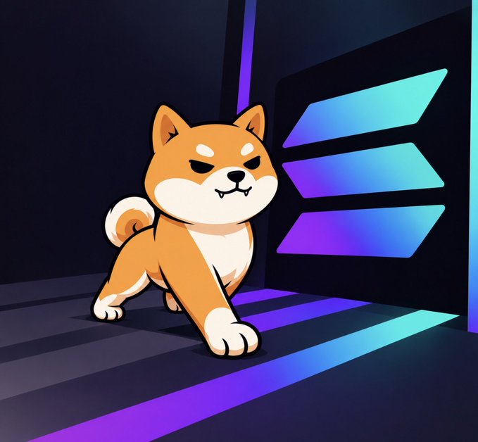 A cartoon Shiba Inu dog strides confidently through a futuristic, neon-lit corridor with glowing purple and blue panels, visually reinforcing the post's message that $SHIB has expanded to the Solana blockchain—same iconic mascot, new chain.