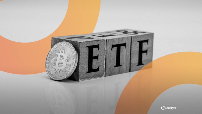 A Decrypt graphic showing a Bitcoin coin next to metallic blocks spelling 'ETF' against an orange and white background.