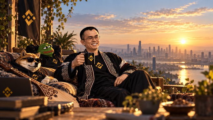 An AI-generated image of a smiling man in glasses wearing a black Binance-themed robe, holding a mug with the Binance logo, accompanied by a Shiba Inu in sunglasses and a Pepe frog mascot, with a sunset cityscape and bridge in the background.