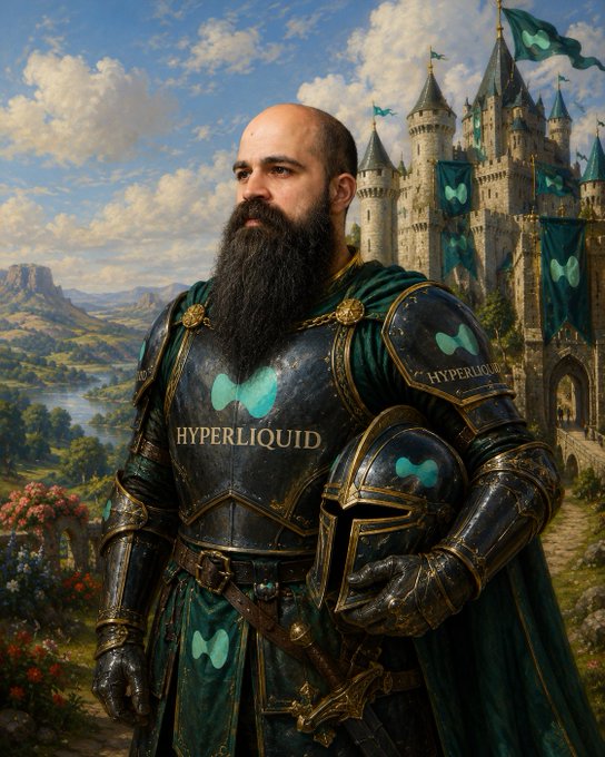 The image features a man dressed as a medieval knight, standing next to a castle with green flags flying from its towers. The man has a beard and is wearing a green suit of armor that includes a helmet with blue letters spelling "HYPERLINK". In the background, there are several other castles visible in the distance.