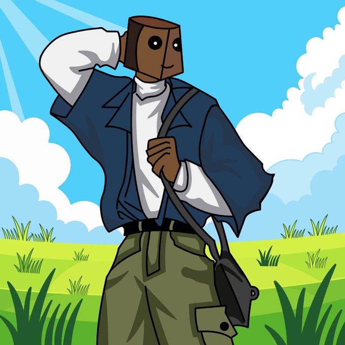 An animated-style illustration of a character with a brown wooden bucket over their head, wearing a blue jacket, white shirt, and olive cargo pants, carrying a black messenger bag while standing in a grassy field under a blue sky.