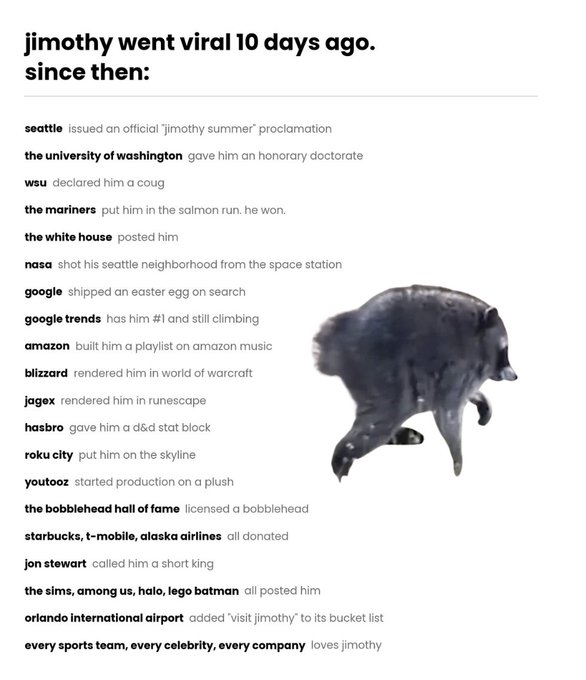 The image is a viral social media post listing how Seattle reacted to "jimothy," a runaway emu, going viral 10 days ago—showing Seattle's official "Jimothy Summer" proclamation, the University of Washington giving him an honorary doctorate, WSU declaring him a Coug, the Mariners letting him win the Salmon Run, NASA photographing his neighborhood, Google, Amazon, Blizzard, and dozens of others all embracing the meme, alongside a photo of a plump, slightly disheveled emu. The accompanying post uses Jimothy's rapid mainstream adoption to mock Solana for being slow to capitalize on viral cultural moments compared to Web2 companies and city councils.