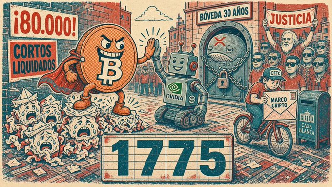 A retro-style political cartoon featuring a Bitcoin coin superhero, an Nvidia robot, and text including '¡80.000!', 'CORTOS LIQUIDADOS', 'BOVEDA 30 AÑOS', 'JUSTICIA', 'MARCO CRIPTO', 'CASA BLANCA', and the number '1775'.