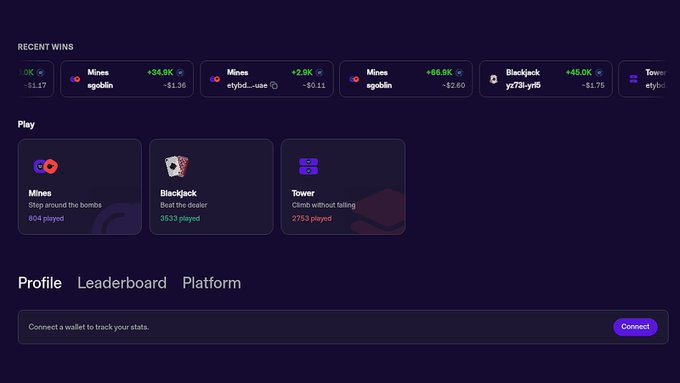 Screenshot of a gaming platform dashboard showing 'Recent Wins' for games like Mines, Blackjack, and Tower, along with a 'Play' section and a prompt to 'Connect a wallet to track your stats'.