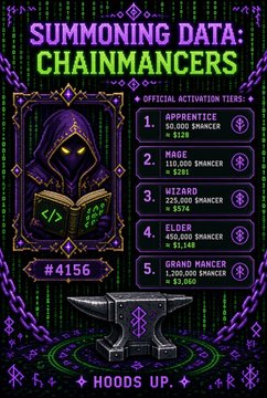 A digital promotional graphic for "SUMMONING DATA: CHAINMANCERS" NFT collection #4156, listing five activation tiers ranging from Apprentice ($28) to Grand Mancerr ($7,000).