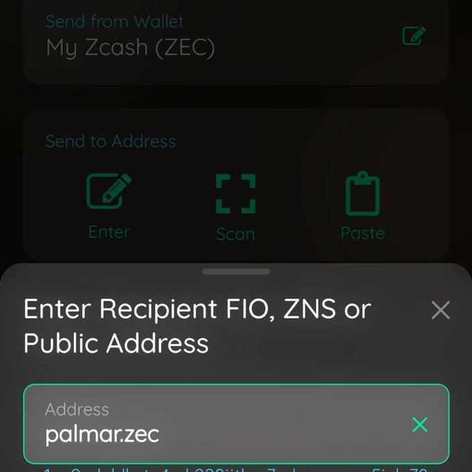A cryptocurrency wallet interface showing a 'Send to Address' screen with the recipient 'palmar.zec' entered in the address field.
