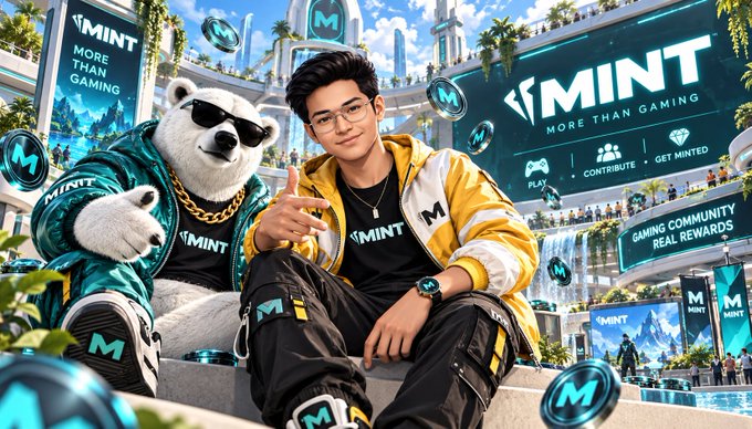 A young man with glasses sits beside a white bear mascot, both wearing merchandise for "MINT MORE THAN GAMING" with phrases like "GAMING COMMUNITY REAL REWARDS" visible in the background.