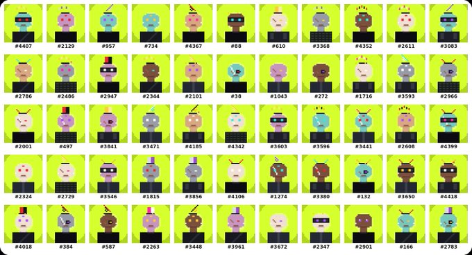 A grid displays 50 pixel-art character avatars, each labeled with a unique numerical identifier like '#4407' and '#2129'.