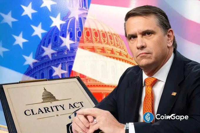 Senator Todd Blanche holds a "CLARITY Act" document against a backdrop of the U.S. Capitol and American flag, visually linking his nomination as Attorney General to the ongoing legislative battle over crypto regulation and ethics concerns highlighted in the accompanying post.
