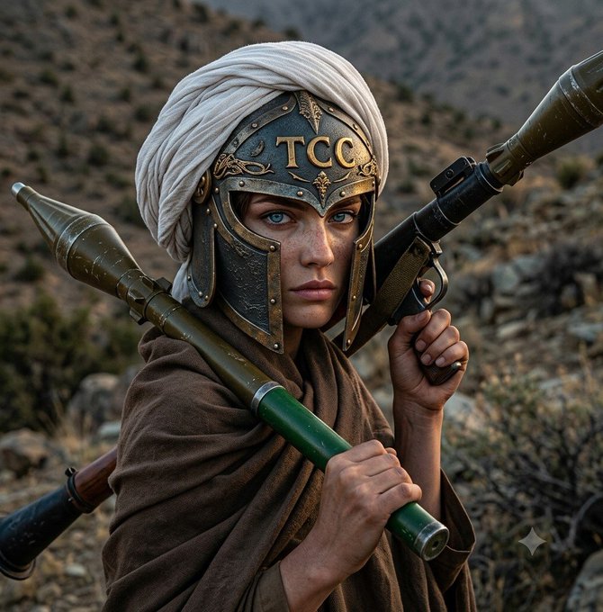 A digitally rendered portrait of a female warrior wearing a metal helmet with the letters 'TCG' and a white turban, holding a rocket-propelled grenade launcher in a rocky landscape.
