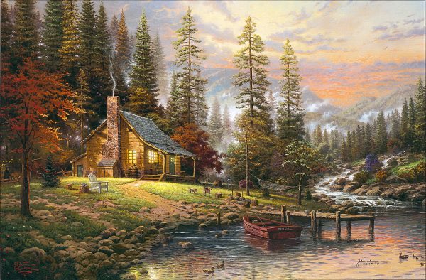 A Thomas Kinkade-style painting depicting a cozy wooden cabin with smoking chimney in a mountain forest at sunset, with a red boat docked at a lakeside pier and ducks swimming nearby.