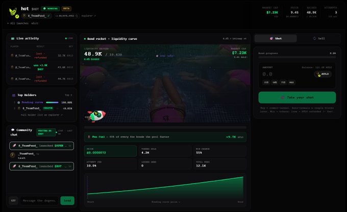 The screenshot displays the Hot token‑launch dashboard on the Robinhood Chain, showing a pending “Bond rocket – liquidity curve” with 48.9K liquidity, $7.23K raised, and a green “Take your shot” button ready to launch a token using bridged $AVLO, illustrating the process described in the post.