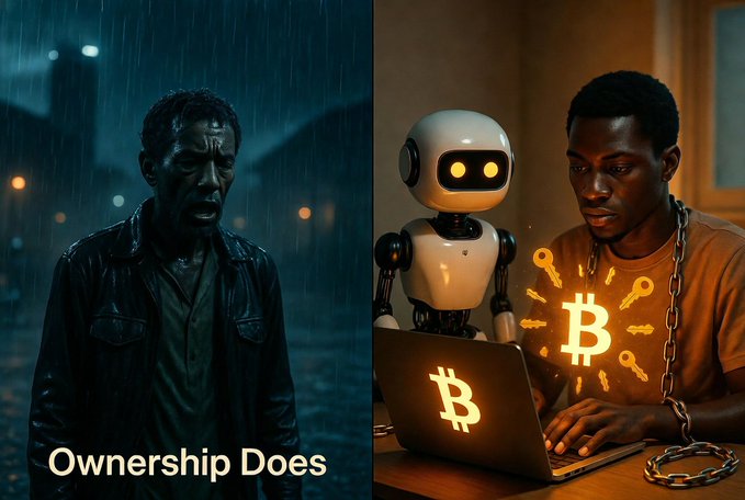 The image shows a man sitting at a desk with a laptop open in front of him, while another person stands next to him holding a robot. The background depicts an urban setting with buildings and streetlights. The caption reads "I watched AI copy my work in seconds. That gut punch showed me the future: AI will make intelligence abundant and nearly free, but crypto will turn ideas into provable, ownable property. By 2053, creating value becomes easy. Proving it’s yours becomes everything".