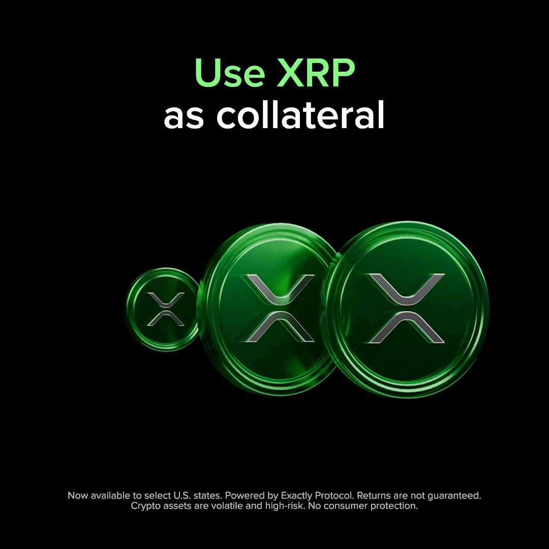 The image features a green circle with an X on top, accompanied by three other circles of different sizes stacked vertically against a black background. The text "Use XRP as collaterals" is written above the circles, suggesting that they are being used for financial transactions or investments. The image also includes a postcard-style caption that reads: "Don't panic sell your stack. Access the value of your XRP and keep your position with the Exa Credit Card. Use $XRP to access instant credit Accepted at 150M Visa merchants Choose your payment plan Unlock instant credit on Uphold without selling Now available in".