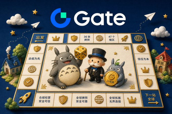 The image is a Monopoly-style board game illustration featuring the "Gate" logo, with the platform's brand mascots (Totoro and a small character in a top hat) playing on a board displaying milestones like "36张牌照" (36 licenses) and "47个地区" (47 regions), visually echoing the post's metaphor of Gate strategically "playing Monopoly" by acquiring licenses and expanding its global footprint across regions like Malta and the US.