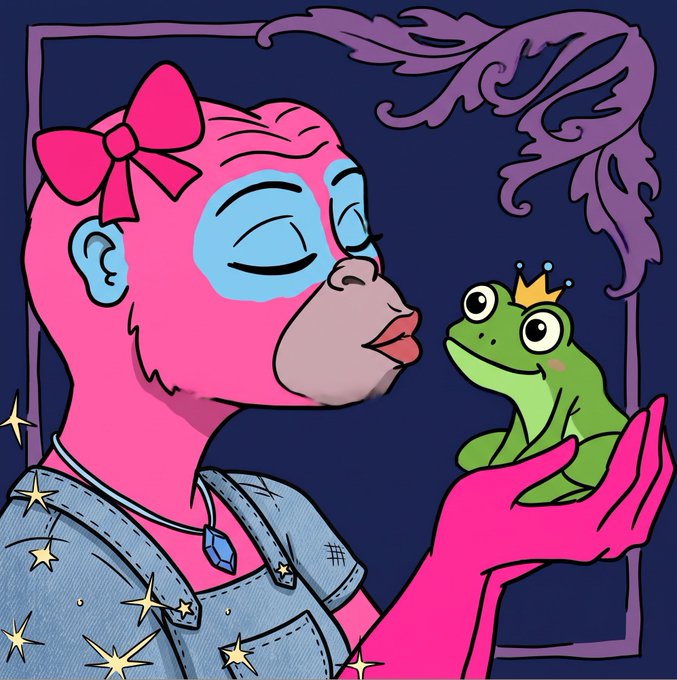 A vibrant digital illustration of a pink-skinned woman with a pink bow, blue eye makeup, and overalls, holding a green frog wearing a small crown in her hand against a dark blue background.