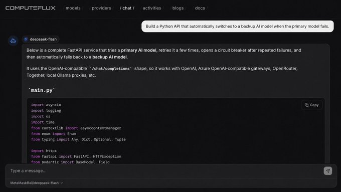 A screenshot of the ComputeFlux chat interface displaying a Python FastAPI code response from deepseek-flash for a request to 'Build a Python API that automatically switches to a backup AI model when the primary model fails.'