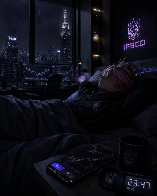 A stylized dark bedroom scene where a person with pink hair and a crown sleeps while looking at a phone showing a trading chart; neon signs reading 'IFECO' with a crown logo glow in the background and on a mug, alongside a clock reading 23:47.