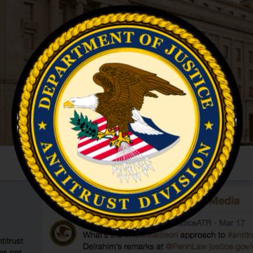 The image shows the official seal of the **Department of Justice Antitrust Division**, featuring a bald eagle with a shield and the text "DEPARTMENT OF JUSTICE" and "ANTITRUST DIVISION" around its border. Partially visible behind the seal is a tweet from "AfricanCATR" dated March 17 discussing Delrahim's remarks on antitrust enforcement, while the accompanying news context indicates the DOJ is investigating Binance for potential Iran sanctions violations tied to its $4.3 billion settlement.