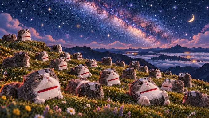 A whimsical AI-generated image showing a group of chubby cats wearing red collars with name tags lying in a flower-filled grassy field under a starry night sky with a crescent moon.