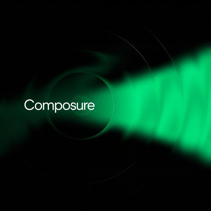 A dark background with green lens flare effects and the word 'Composure' displayed in white text in the center.