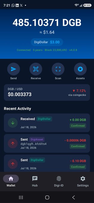 A screenshot of a cryptocurrency wallet app displaying a balance of 485.10371 DGB (≈$1.64) at $0.003373 per DGB, with recent activity showing sent and received DigiDollar transactions.