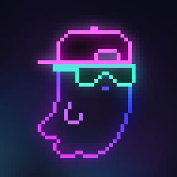 A pixel art illustration depicts a face wearing pixelated sunglasses in vibrant pink and cyan neon colors against a dark background.