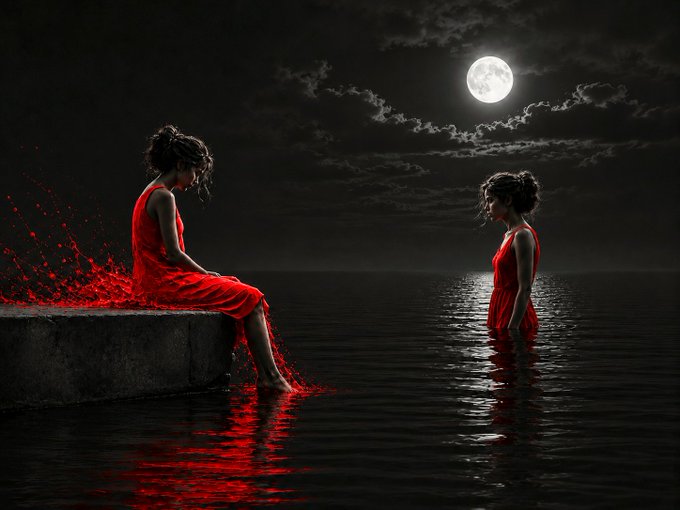 A surreal digital artwork showing a woman in a flowing red dress sitting on a stone ledge by the sea at night under a full moon, while a mirrored figure stands in the water, with red pigment dissolving from her dress into the waves.