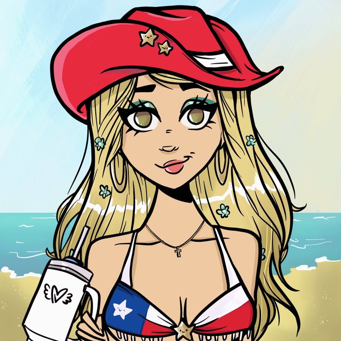 A cartoon-style digital illustration of a blonde woman wearing a red cowboy hat and a Texas-themed bikini, holding a drink cup on a beach.