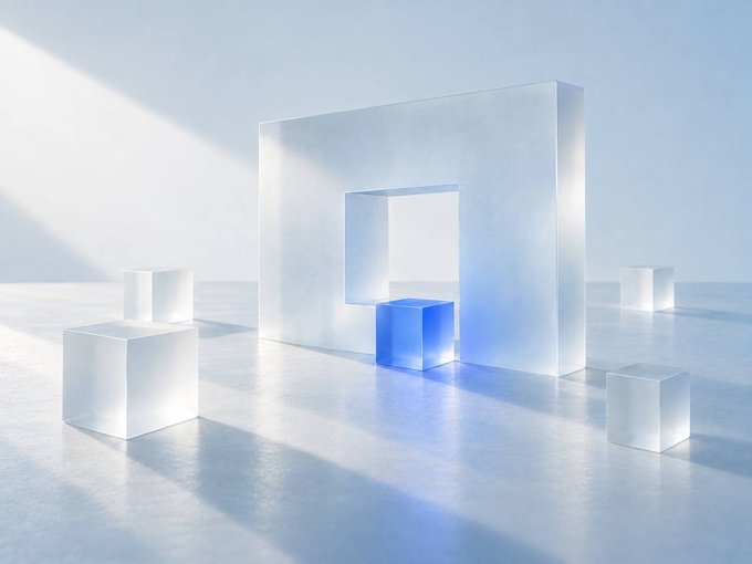 A minimalist 3D render featuring translucent white geometric cubes and one blue cube arranged on a reflective white surface with soft blue lighting.