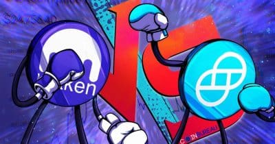 The image features two cartoon characters, a blue character with a fist and a red character holding a boxing glove, positioned next to each other against a purple background. The text above them reads "Kraken adds Solana DEX trading directly in-app, with more networks planned. CEX meets on-chain." This suggests that the image is related to a post about cryptocurrency or digital currency exchanges and trading platforms.