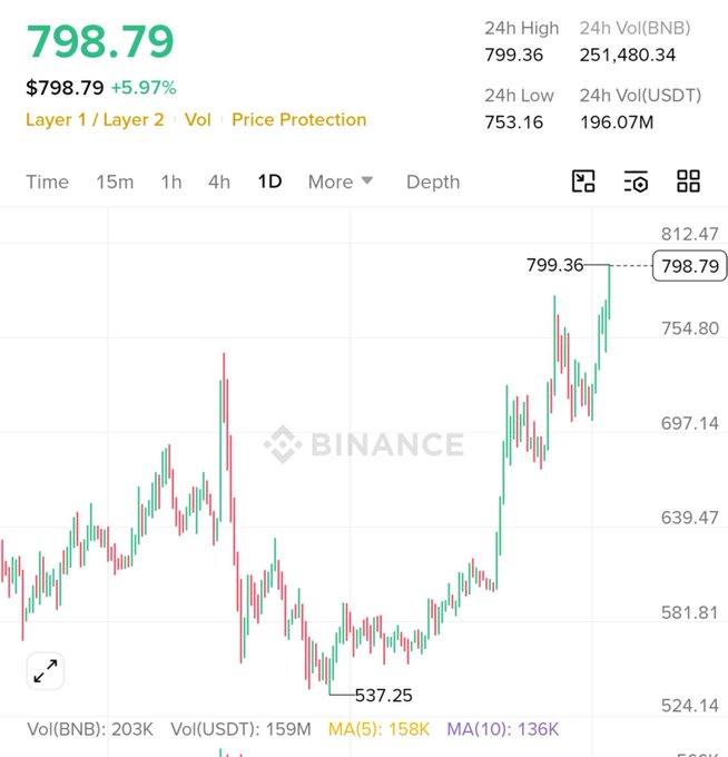 A Binance cryptocurrency price chart showing BNB trading at $798.79 (+5.97%), with a 24h high of 799.36 and low of 753.16, on a 1-day timeframe.