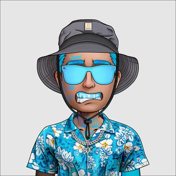 A cartoon avatar depicts a character wearing a gray Carhartt bucket hat, blue reflective sunglasses, a tropical floral shirt, and a chain with "EPIC" pendant.