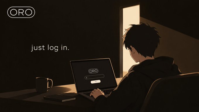 A stylized illustration shows a person in a dark hoodie sitting at a desk, typing on a laptop that displays the "ORO" login screen, with the text "just log in." floating beside them. A steaming coffee mug and closed notebook sit on the desk, evoking a quiet, late-night login moment that mirrors the post's message about signing in to ORO easily with familiar accounts like Google, X, Apple, or Discord—no new wallet or seed phrase required.
