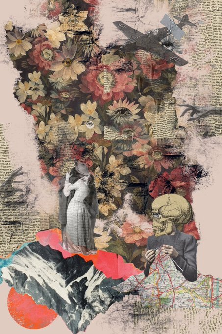 The image features a collage of various elements, including a painting with flowers, a skeleton, an airplane, and a map. The collage also includes text that reads "Gn I have just collected Vatan" by @0xsepicaso on @objktcom #tezostueday objkt.com/tokens/KT1VvHR ...". This post seems to be about the artist's work and their inspiration, as they've combined different elements like flowers, a skeleton, an airplane, and a map in their collage. The image is visually appealing with its diverse elements coming together to create a unique piece of art that captures attention and sparks curiosity.
