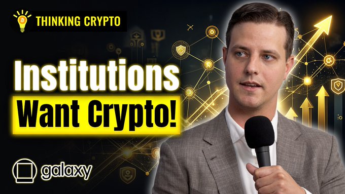 A YouTube thumbnail from "Thinking Crypto" features a man in a gray suit speaking into a microphone, with bold text reading "Institutions Want Crypto!" alongside an upward-trending arrow graphic and the Galaxy logo. The image visually promotes the interview with Max Bareiss of Galaxy about institutional crypto adoption, tying directly to the post's discussion of crypto lending growth.