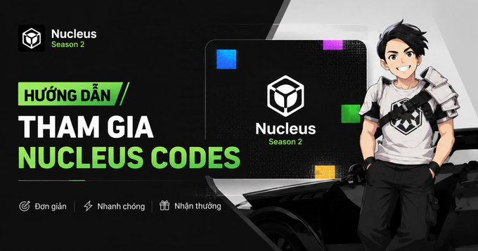 A promotional banner for "Hướng dẫn tham gia Nucleus Codes Season 2" featuring a black and green color scheme with the Nucleus logo, highlighting a guide to join the second season of the Nucleus Codes program, alongside an anime-style character in a white shirt with a Nucleus emblem. The text emphasizes three key benefits: "Đơn giản" (Simple), "Nhanh chóng" (Fast), and "Nhận thưởng" (Earn rewards).