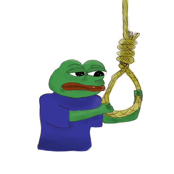 A digital drawing of the Pepe the Frog character in a blue shirt holding a noose.