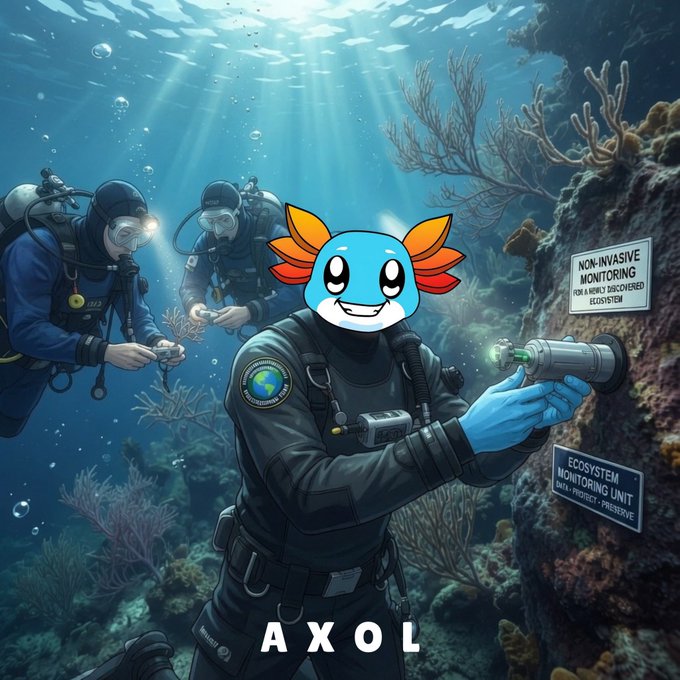 An illustrated axolotl mascot in scuba equipment performs non-invasive ecosystem monitoring underwater, with the text "AXOL" at the bottom.