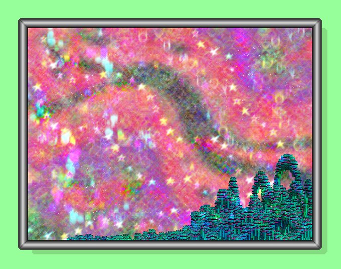 A framed digital artwork titled "The Secret Realm" displays a vibrant, glitch-art starry sky in pink, purple, and teal hues with pixelated rocky formations in the foreground, presented against a bright green background. The surreal, otherworldly landscape evokes a dreamlike cosmic scene that matches the mystical theme of the post announcing its availability on objkt.com and Teia Art NFT platforms.