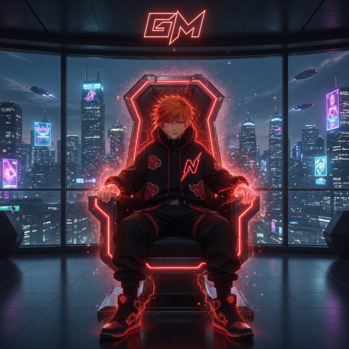 The image features an orange-haired boy sitting in a chair, wearing a black jacket with red neon lights around his neck. The background shows a city skyline at night, which adds to the overall atmosphere of the scene. The caption for this image reads "GM CT Back on the timeline today. Still learning more about @wallchain ￼ and its approach to real attention in Web3. Taking things one step at a time and picking up something new every day."