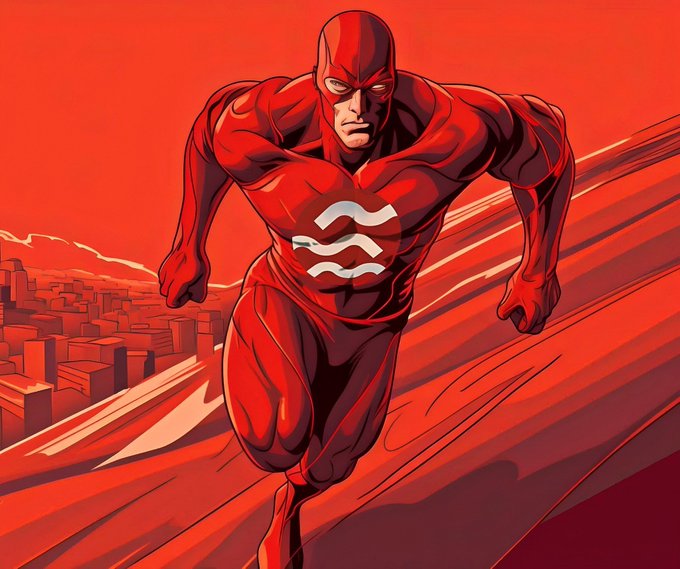 A comic book-style illustration of a muscular superhero in a tight red suit with a white wave logo on his chest, running dynamically against a red-toned cityscape background.