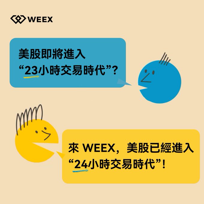 A WEEX advertisement in Chinese featuring cartoon characters with speech bubbles stating '美股即將進入"23小時交易時代"？' and '來 WEEEX，美股已經進入"24小時交易時代"！'