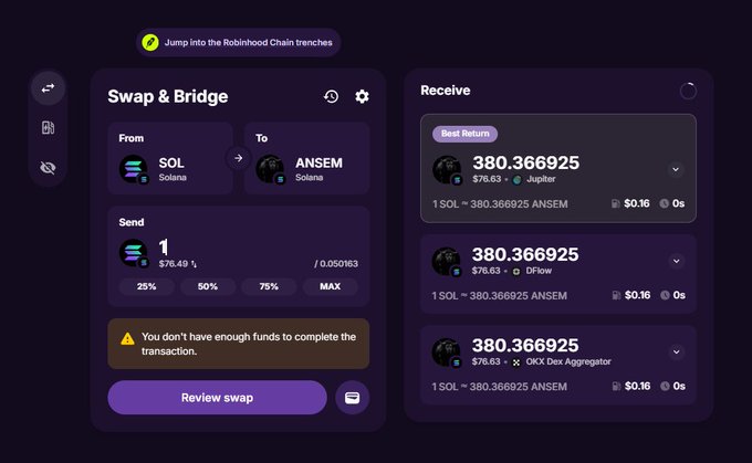 A cryptocurrency swap and bridge interface showing a transaction from SOL to ANSEM on Solana, with a warning that there aren't enough funds to complete the transaction.