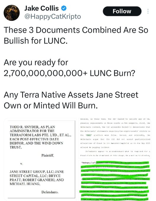 The image shows a Twitter post that contains an explanation about a legal document regarding a supposed "LUNC burn" for Terra Classic assets, such as Jane Street's supply narrative. The post also mentions that this may not actually lead to a multi-trillion $LUNC burn but rather focuses on the current understanding of the situation. The content is related to the recent Jane Street lawsuit involving Terra Classic and aims to shed light on whether or not there has been a change in the supply narrative, as well as what the future implications may be for the assets involved.