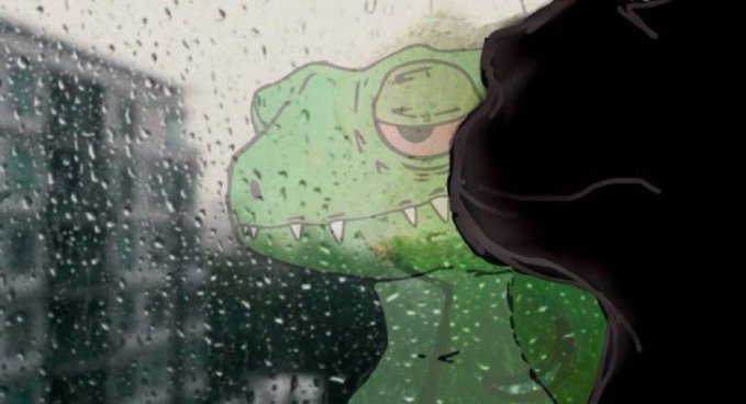An illustrated green dinosaur head with sharp teeth stares through a rain-covered window at a silhouetted figure in the foreground.